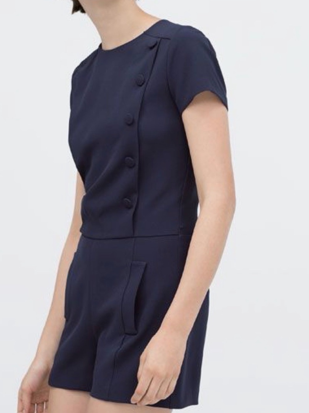 Zara Navy Short-Sleeve Button-Front Romper